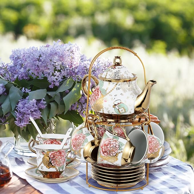 Zhehao 20 Pcs Porcelain Tea Set with Metal Holder and Spoon Adult Ceramic Tea Set European Flower Painting Teapot Cup Saucer Spoon for Women, Large Version (Bright Style)