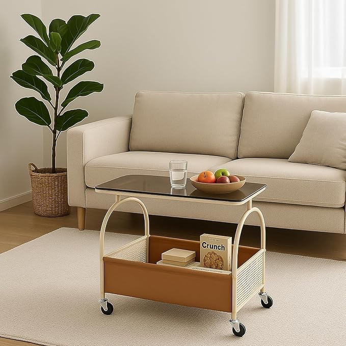 D&H FURNIMMT 2-Tier Rolling Side Table with Glass Top Storage Basket Mobile End Table/Coffee Table with Wheels for Living Room, Bedroom, Kitchen, Balcony Brown & White(22" x 14" x 21")