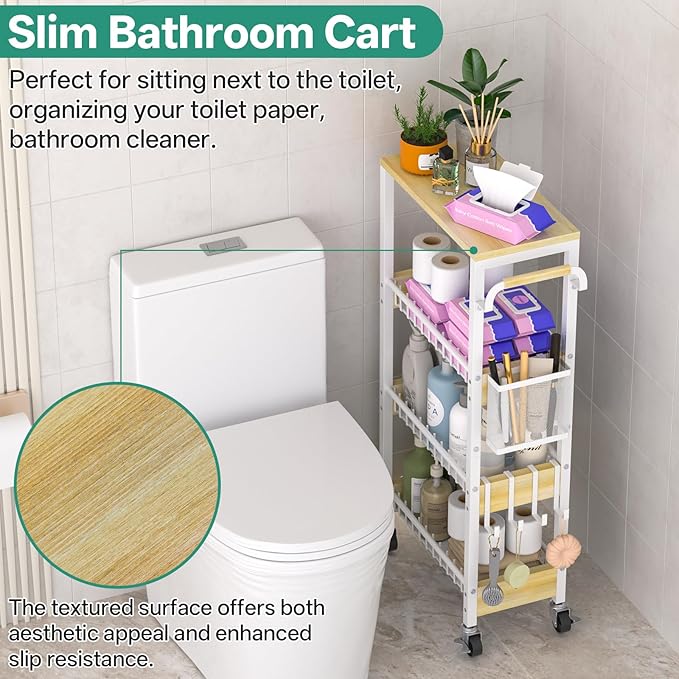 Slim Bathroom Storage Cart, 4 Tier Small Rolling Organizer Cabinet with Wood Top Handle, Mobile Shelving Unit Slide Out for Office, Kitchen, Laundry Room & Narrow Places (9.1" Overall Width)