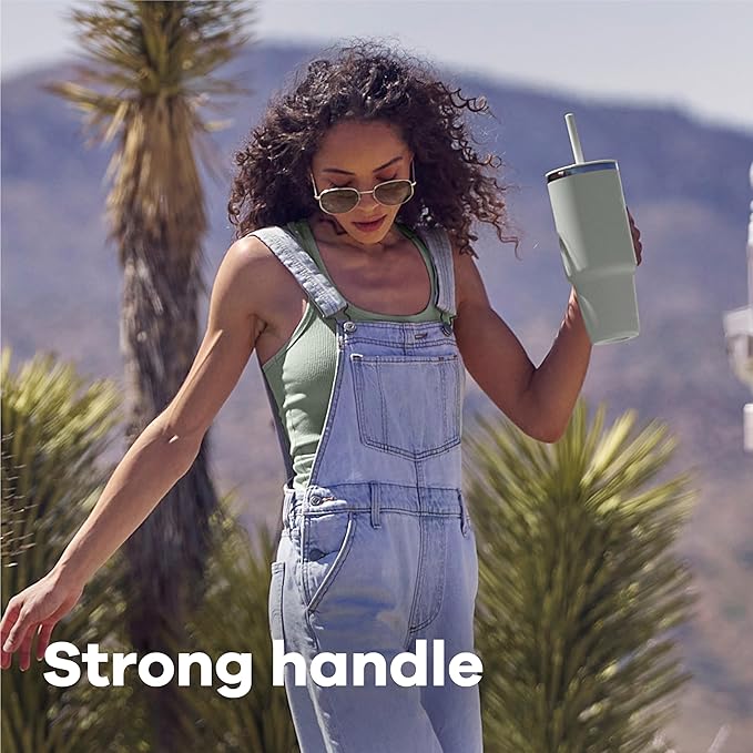 Hydro Flask Travel Tumbler with Handle, Lid and Straw - Insulated Stainless Steel in 24 Oz Aloe