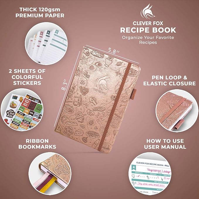 Clever Fox Recipe Book – Blank Family Cookbook – Empty Cooking Journal – Notebook Organizer to Write In Recipes – Medium, A5 (Rose Gold)