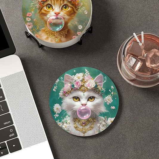 Puraikcmi Cat Lover Coasters Set of 6 – Absorbent Ceramic, Funny Art Designs, Metal Holder