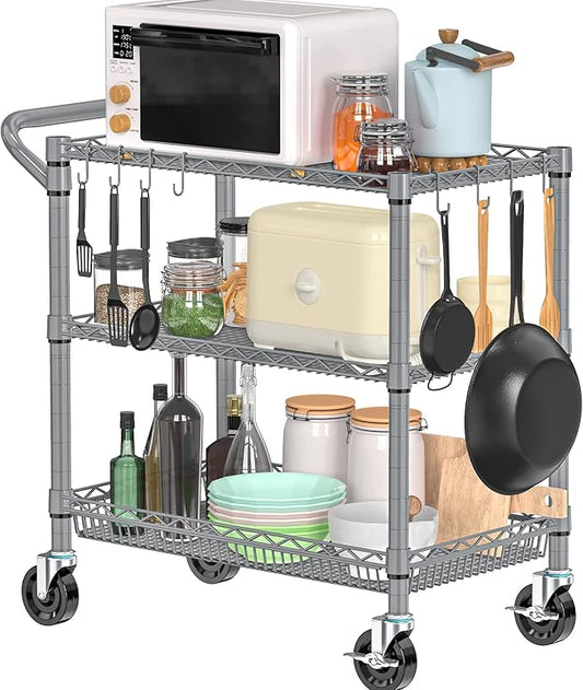 Rolling Cart with Wheels, Heavy Duty 3 Tier Metal Utility Cart 990lbs Capacity, Multi-Purpose Wire Rolling Storage Trolley for Kitchen Garage Office Commercial Use, Gray