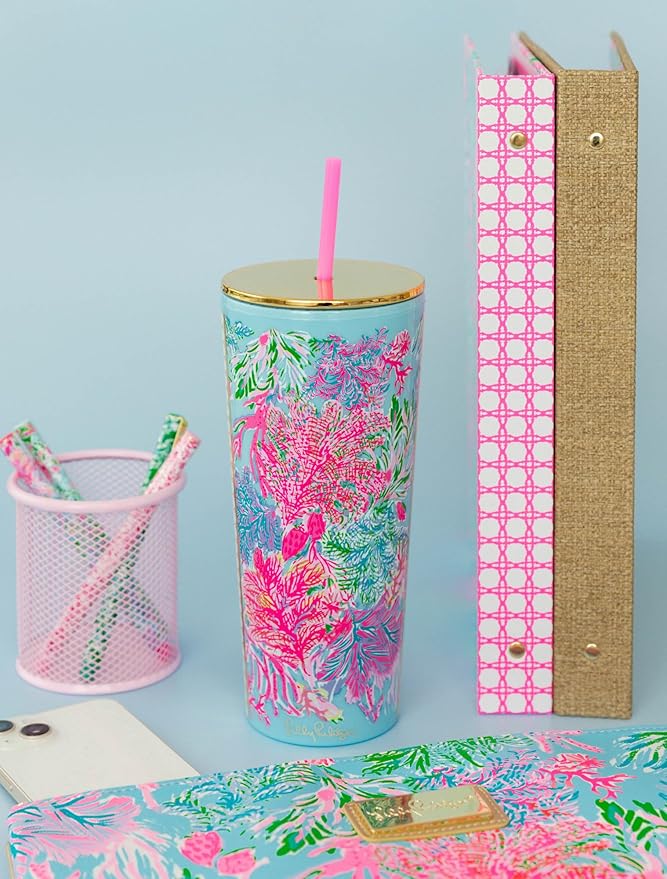 Lilly Pulitzer Double Wall Tumbler with Lid and Reusable Straw, Insulated Travel Cup Holds 24 Ounces, Cay to My heart