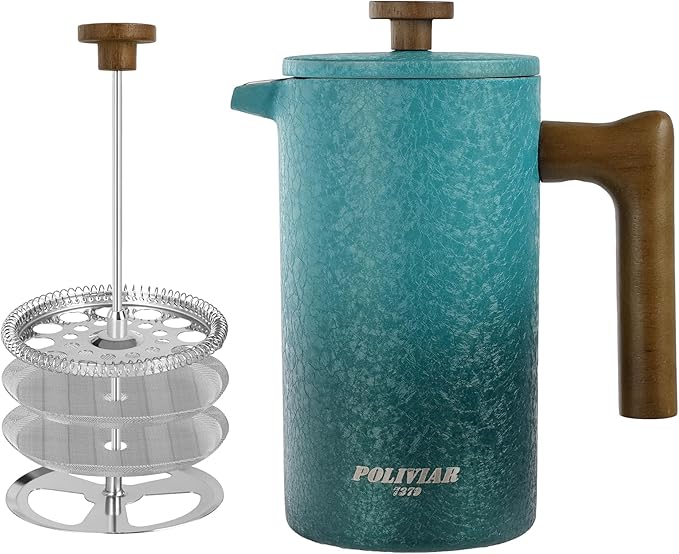 POLIVIAR French Press Coffee Maker, 34 oz Coffee Press with Real Wood Handle, Double Wall Insulation & Dual-Filter Screen, Food Grade Stainless Steel for Good Coffee and Tea JX2023-FPLD
