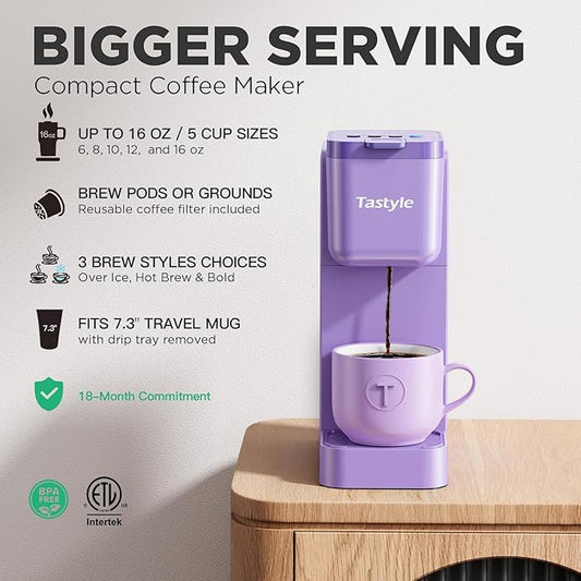 Single Serve Coffee Maker Hot and Iced with Bold Brew, Small Coffee Machine for K Cup and Ground, Fits 7.3'' Travel Mug, Brews up to 16 Oz, 5 Cup Sizes, Compact for Office, RV& Hotel, Lavender