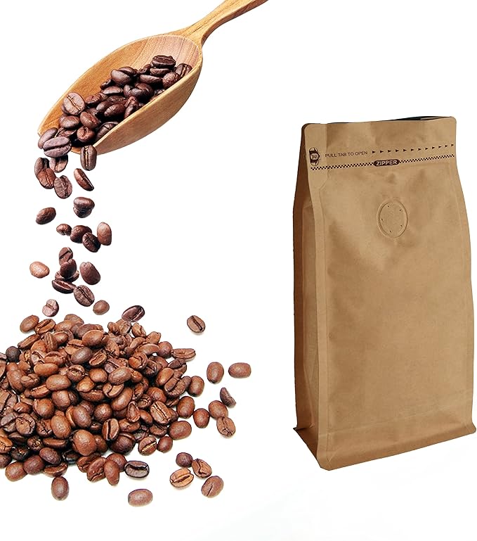 50 Pieces 4 Ounce Kraft Paper Stand Up Coffee Bag/Flat Bottom Pouch with Air Release Valve and Reusable Side Zipper. (50pcs, ¼lb/4oz/100gram)