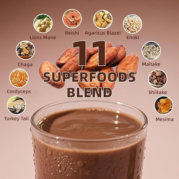 Mushroom Cacao Mix, Organic Raw Cacao with 10 Mushrooms Powder, Non-GMO, Vegan, Gluten Free, Unsweetened Hot Chocolate Natural Supplement, 3.53oz