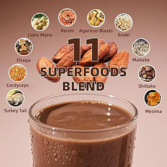 Mushroom Cacao Mix, Organic Raw Cacao with 10 Mushrooms Powder, Non-GMO, Vegan, Gluten Free, Unsweetened Hot Chocolate Natural Supplement, 3.53oz