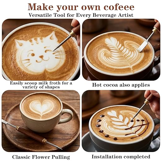 2pcs Coffee Art Pen, Stainless Steel Latte Art Tools with Lid, Lattes Pen with Wood Handle, Dual-Head Design, for Creating Professional Espresso Tools, Home, Travel, Cafe Use