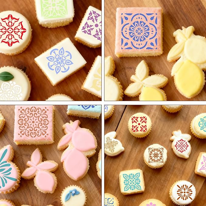 25 Pcs Scroll Tile Cookie Stencils, Reusable Floral Baking Stencils for Cake Decorating Royal Icing DIY Biscuit Painting Coffee and Dessert Design Tools, 6x6 Inch