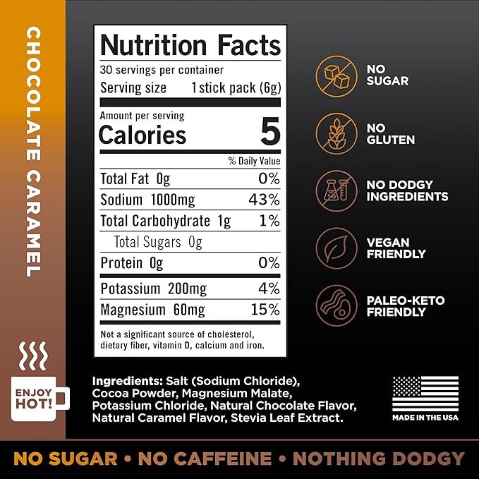 LMNT Zero Sugar Hot Chocolate or Coffee Mixer - Chocolate Caramel Salt | Drink Mix | 30-Count
