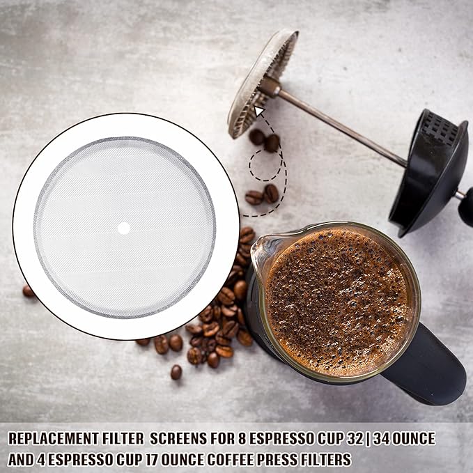 Sabary 8 Pcs French Press Filter Replacement Parts 6 Pcs Stainless Steel Mesh French Press Screen with Spiral Disk and Cross Disk for 1000 ml, 34 oz, 3.75 Inch Wide Coffee Makers and Tea Machines