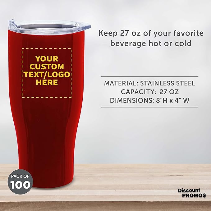 Custom Stainless Steel Grip Travel Mugs 27 oz. Set of 100, Personalized Bulk Pack - Perfect for Coffee, Soda, Other Hot & Cold Beverages - Red