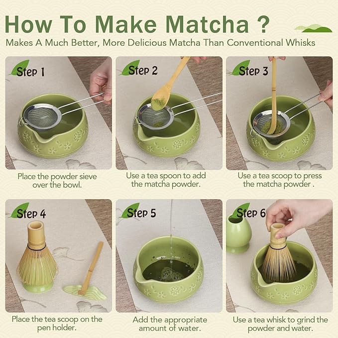 Matcha Whisk Set, Ceramic Bowl with Spout, Bamboo Matcha Whisk & Spoon, Chasen Holder, Scoop Rest, Sifter, 8-Pcs Japanese Ceremony Matcha Powder Kit–Valentine's Day Gift for Women-Matcha Green