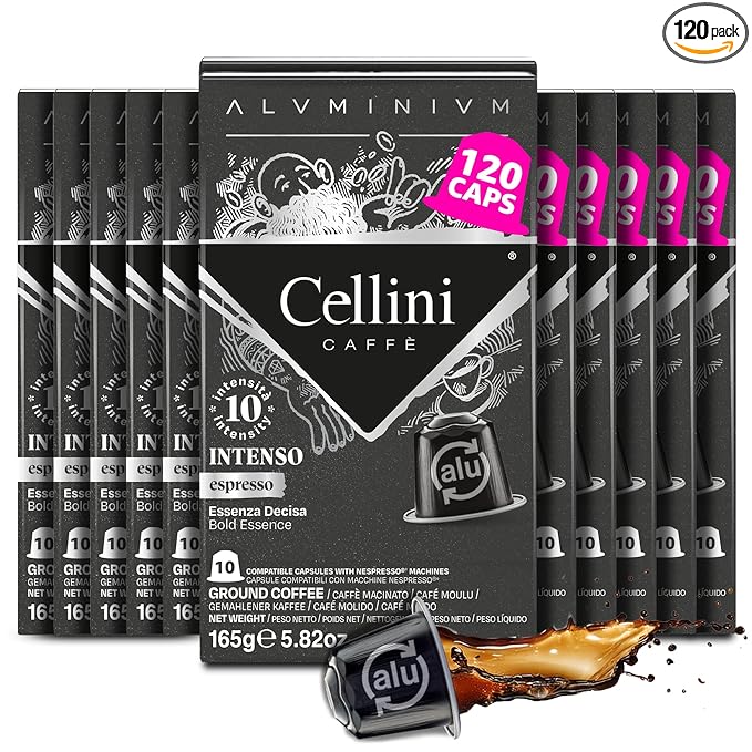 Cellini Caffè Intenso Aluminum Nespresso Pods, 120 Count, Dark Roast Coffee Capsules, 100% Nespresso Original Machine Compatible, Extra Strong