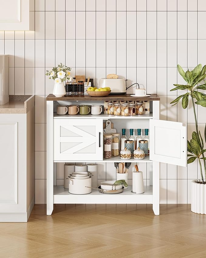 Console Table, Farmhouse Sofa Table with Power Outlet, Coffee Bar Cabinet with Storage, Entryway Table, Coffee Bar Table, for Entrance, Hallway, Kitchen, White and Walnut MXG01UWL