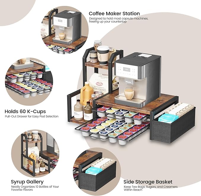 Homeiju Coffee Pod Holder Drawer for K-Cup,2-Tier Nespresso Pods Holder, K Cup Holder Holds 60 K-Cups & 10 Syrup Bottles, Sliding Storage Drawer and Countertop Storage