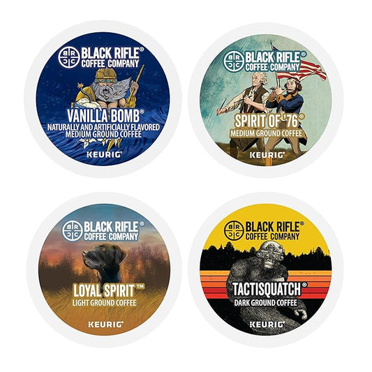 Black Rifle Coffee Flavored Variety 48 Pods - Loyal Spirit (Light Roast), Vanilla Bomb & Spirit of 76' (Medium Roast), Tactisquatch (Dark Roast) - K Cups Coffee Variety Pack