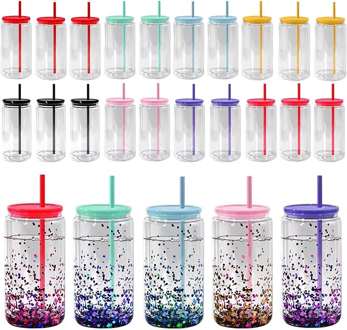 Snow Globe Tumbler, 25Pack 16oz Sublimation Double Wall Glass Tumbler with Mix Color Lids and Straws, Reusable Clear Beer Can Mason Jar Mug for Snow Globe Glitter DIY