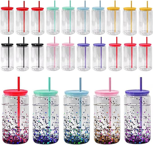 Snow Globe Tumbler, 25Pack 16oz Sublimation Double Wall Glass Tumbler with Mix Color Lids and Straws, Reusable Clear Beer Can Mason Jar Mug for Snow Globe Glitter DIY