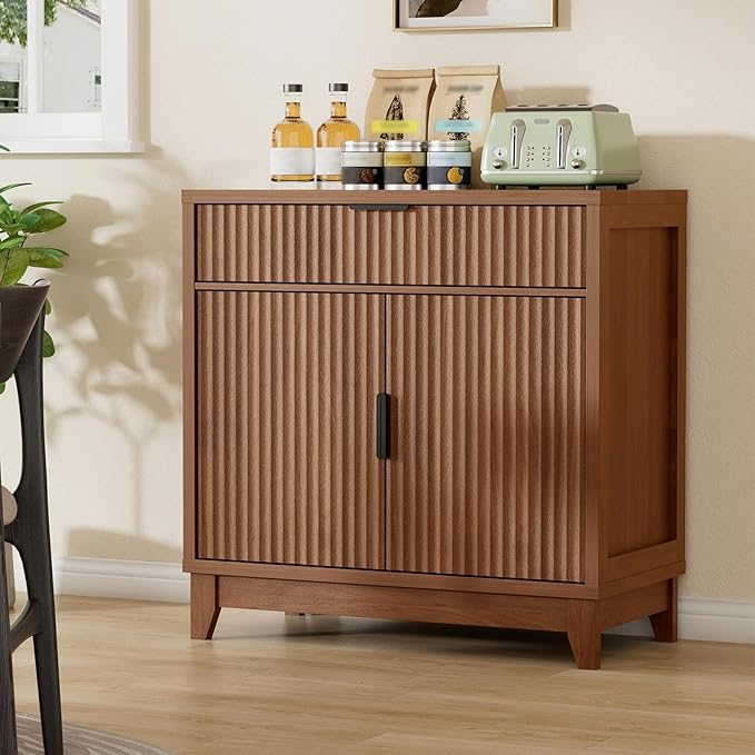 Vabches Fluted Sideboard Buffet Cabinet with Storage, 32" Wide Coffee Bar Console Table with Drawer, Fluted Doors & Adjustable Shelf, Wood Buffet Table for Living Room, Kitchen Dining Room, Brown