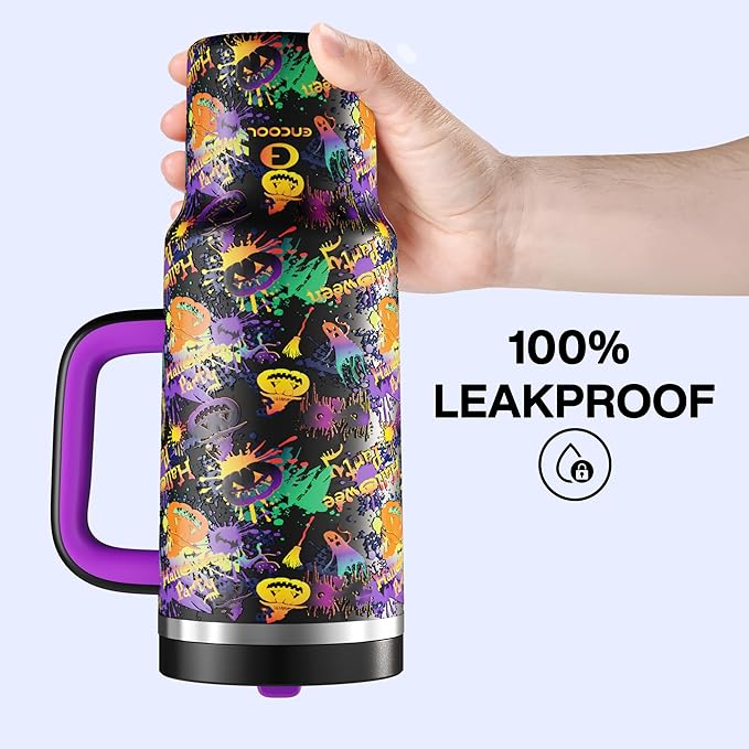 ENCOOL 40 oz Tumbler with Handle and Straw: Stainless Steel Insulated Tumbler Keeps Cold for 24 Hours, Leakproof Travel Cup Fits in Cup Holder and BPA-Free, Ghost Party