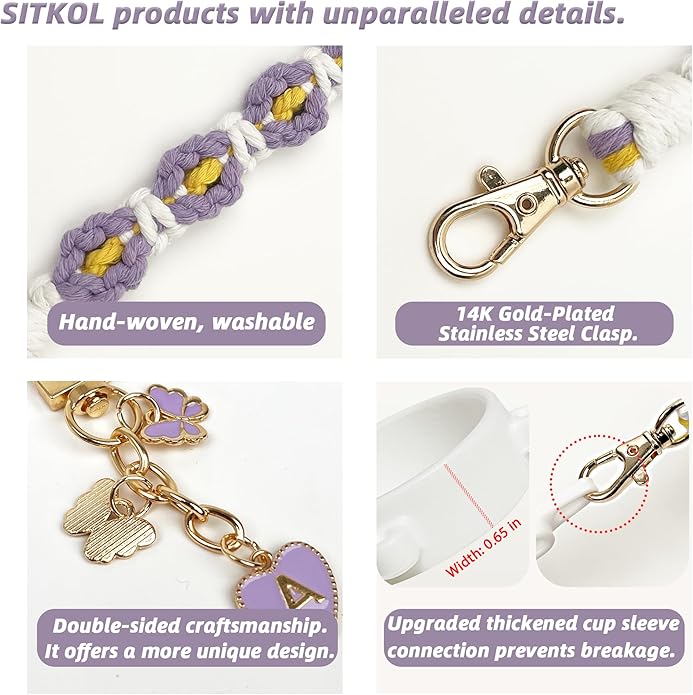 Compatible with Owala Water Bottle Accessories, Cute Letter Charm Set with Boho Handle Strap, Monogram Sticker, Silicone Ring, Keychain Decoration, for FreeSip 24 32 40oz, Owala Kids, Tumbler Gift