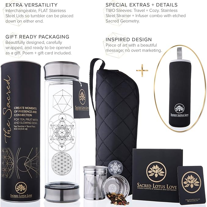 Sacred Lotus Love Double-Walled Glass Tea Infuser Bottle 14oz Portable Travel Mug with Strainer and Sleeve for Loose Leaf Tea, Coffee, Smoothies - Insulated Tumbler with Lid for Hot and Iced Beverages