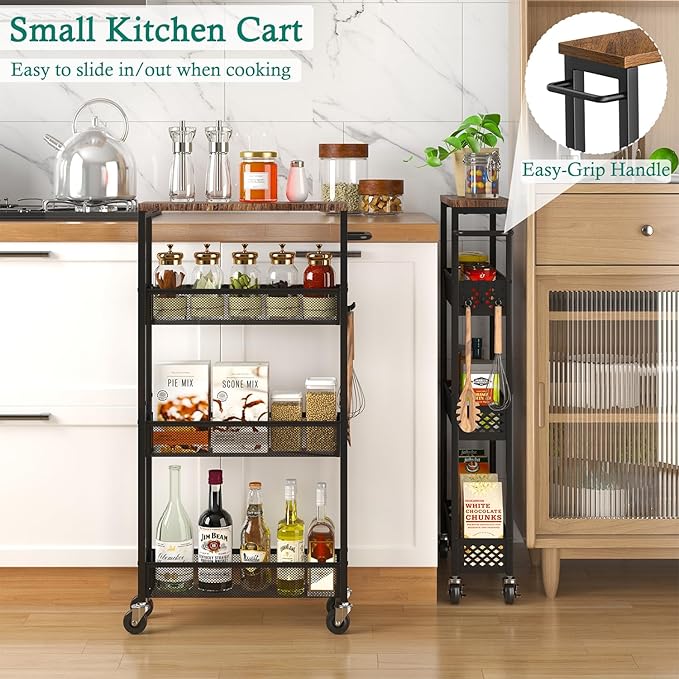 Slim Storage Cart 4 Tier Narrow Kitchen Rolling Cart on Wheels for Small Space, Mobile Utility Cart Shelving Unit with Wooden Top and Metal Handle for Kitchen, Bathroom, Laundry Room