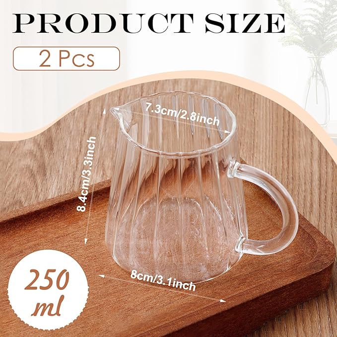 2 Pcs Small Glass Creamer Pitcher With Box, 250ml Creamer Pitcher with Handle, Elegant Wave Shaped Small Glass Pitchers, Milk Frothing Pitchers, Serving Jug for Kitchen,Coffee Bar,Home