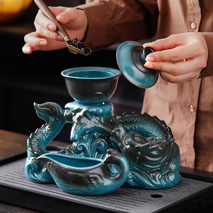 Semi Automatic Tea Set Ceramic Teapot with Infuser Magic Teapot with 8 cups (Light Blue Dragon-D)