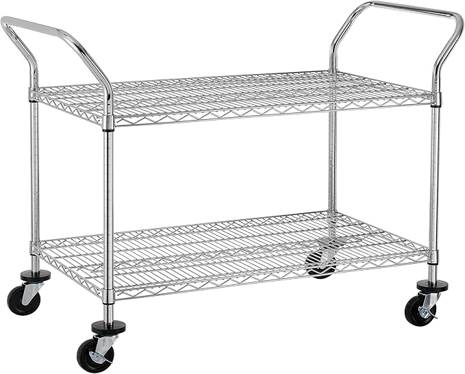 Finnhomy 2 Tier Commercial Grade Rolling Cart, Heavy Duty Utility Cart, Carts with Wheels and Handles, Kitchen Carts on Wheels, Metal Cart with 600 lbs Capacity, Shelf Size 23.6"Dx47.2"W x 39.4"H, NSF