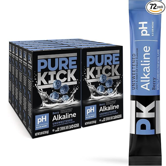Pure Kick Alkaline pH 8.5 or Higher Berry Powdered Drink Mix Packets, Unsweetened with a Hint of Flavor -, 72 Total Packets (12 Boxes, 6 Each), Singles to Go!