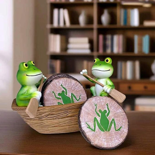 Frog Coasters Set of 6 Rustic Coasters in Handmade Canoe Drink Coffee Mug Wine Beer Bar Round Table Decorative Cute Log Cabin Decor for The Home