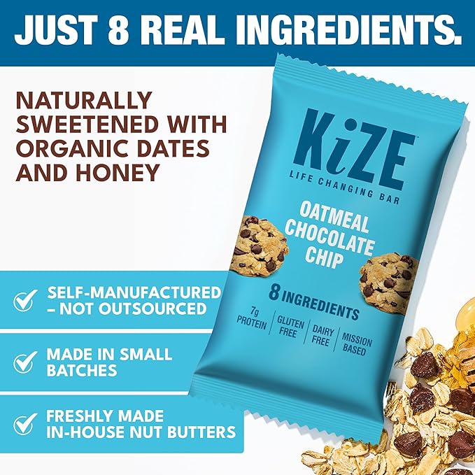 KiZE Energy Bars - Oatmeal Chocolate Chip - Gluten Free, Dairy Free, Non-GMO, and High Protein Meal Replacement Energy Bars, Clean and Simple Food Ingredients - 7g High Protein Snacks, (10 Count)