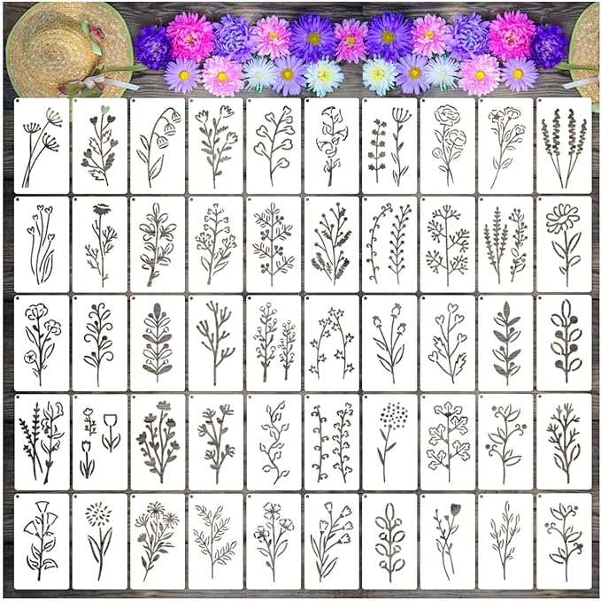 Botanical Flower Stencils for Crafts Small Wildflower Floral Paint Stencil for Painting on Wood Card Making, Tiny Nature Vine Herb Essential Art Stencils for Adults Kids Furniture Walls (50 flowers 1)