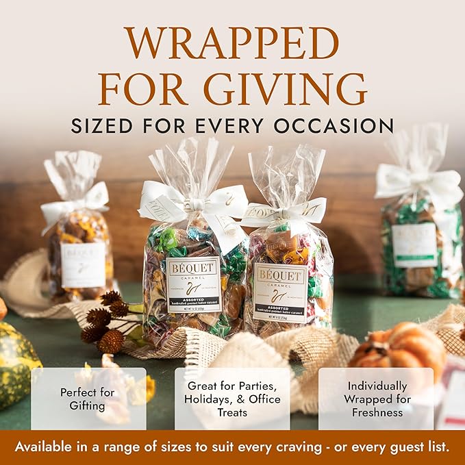 Béquet Assorted Caramels - Gourmet Individually Wrapped Candy Variety Pack - Celtic Sea Salt, Salt Chocolate, Classic Vanilla, Butterscotch, Green Apple, Salted Mocha & Salted Butterscotch - 16 oz Gift Bag