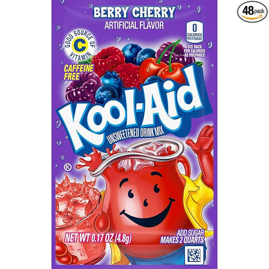 Kool-Aid Unsweetened Drink Mix, Berry Cherry, Caffeine-free, Individually Wrapped, 0.17 OZ, Pack of 48