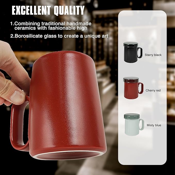 EurtAuro Designer's original handmade ceramic coffee mugs，Ceramics tea cup for office and home，Birthday, Valentine's gifts for men and women，mugs with lid，14.2oz (Cherry red)