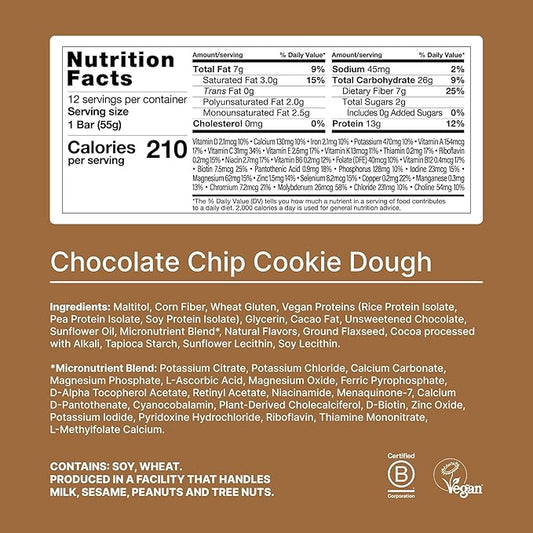 Huel Complete Nutrition Vegan Protein Bars | Cookie Dough | 13g Protein | 27 Vitamins & Minerals, 2g Sugar, Non-GMO, 100% Plant Based Snack | 12 Pack