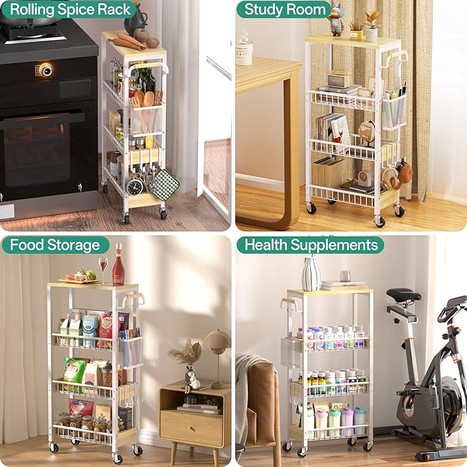 Laundry Room Organization Cart, 4 Tier Slim Rolling Cart for Small Narrow Spaces, Storage Shelf Cabinet with Wheels for Bathroom, Utility Room, Kitchen, Near Washer Dryer (9.1" Overall Width)