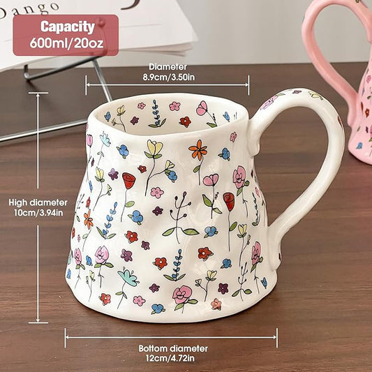 Large Ceramic Coffee Mug Pink Cute Flower with Big Handle, 20oz Girly Floral Tea Cup for Women Mothers Day Gifts, Novelty Irregular Oversized Mugs for Valentines Day Gifts for Her