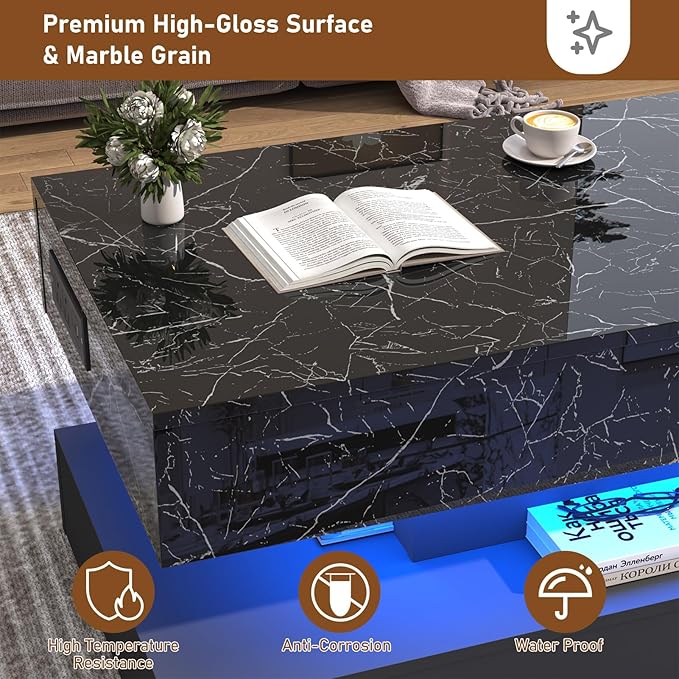 47.2" Large Lift Top Coffee Table, Modern LED High Glossy Coffee Table with Charging Station, Lights, Hidden Compartment Storage, Lift Center Tables for Living Room, Home Office, Black