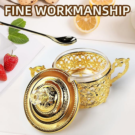 Flylin Sugar Bowl, Turkish Sugar Bowl with Lid and Spoon for Candy Cookie Honey, Golden Vintage Glass Seasoning Jar for Home and Kitchen Coffee Bar (4)