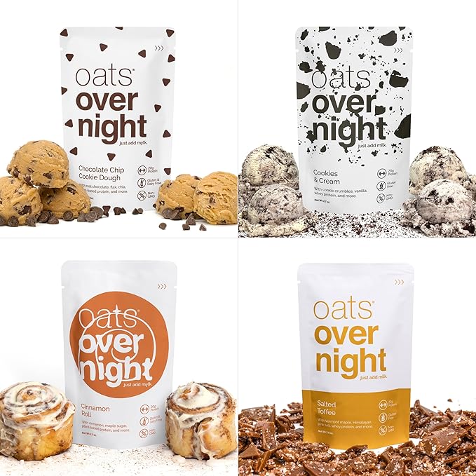 Oats Overnight Dessert Variety Pack - High Protein, High Fiber Breakfast Protein Shake - Gluten Free Oatmeal, Non GMO High Protein Oatmeal - Salted Toffee, Chocolate Satin Pie & More Flavors (24 Pack)