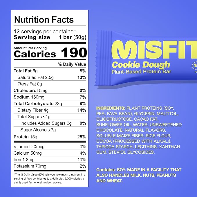 Misfits Vegan Protein Bars - Chewy Cookie Dough | Nutrition Bars - 15g Protein, 1g Sugar, Plant-based, Low Carb, Non-GMO, Gluten Free Snacks | Pack of 12