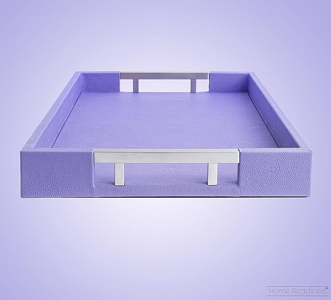 Modern Elegant 17.5"x12" Rectangle Purple Lavender Shagreen Faux Leather Decorative Tray Ottoman Coffee Table Perfume Living Room Kitchen Serving Tray with Silver Metal Handles by Home Redefined