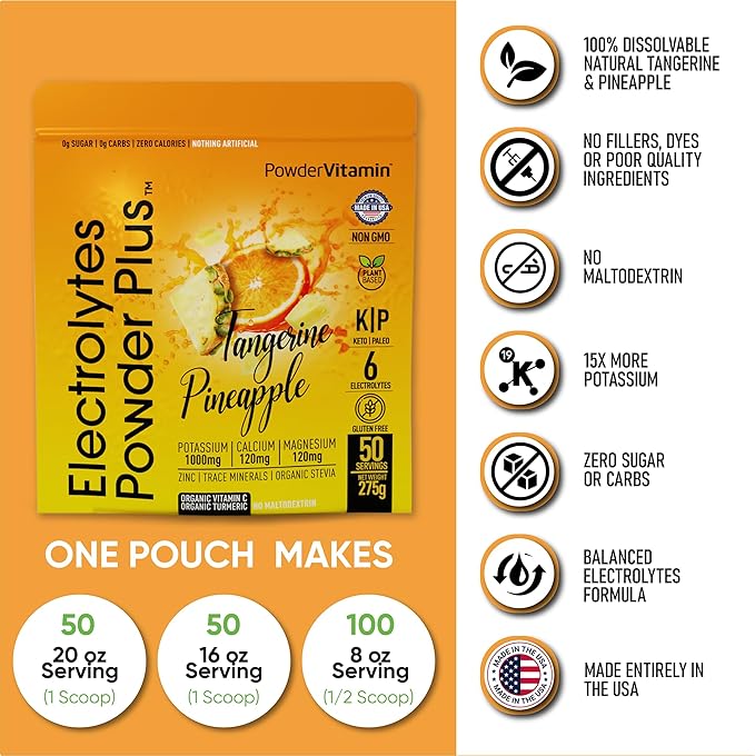 PowderVitamin Electrolytes Powder Plus (50 Servings) Tangerine Pineapple Electrolyte Powder 0 Calorie Keto, 0 Sugar, No Maltodextrin,1000mg Potassium,120mg Calcium,120mg Magnesium, Hydration Powder
