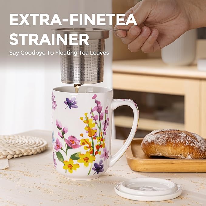 GBHOME Tea Mug with Infuser and Lid, 18 Ounce Large Ceramic Loose Leaf Cup, Microwave, Dishwasher Safe, Perfect For Tea Lovers